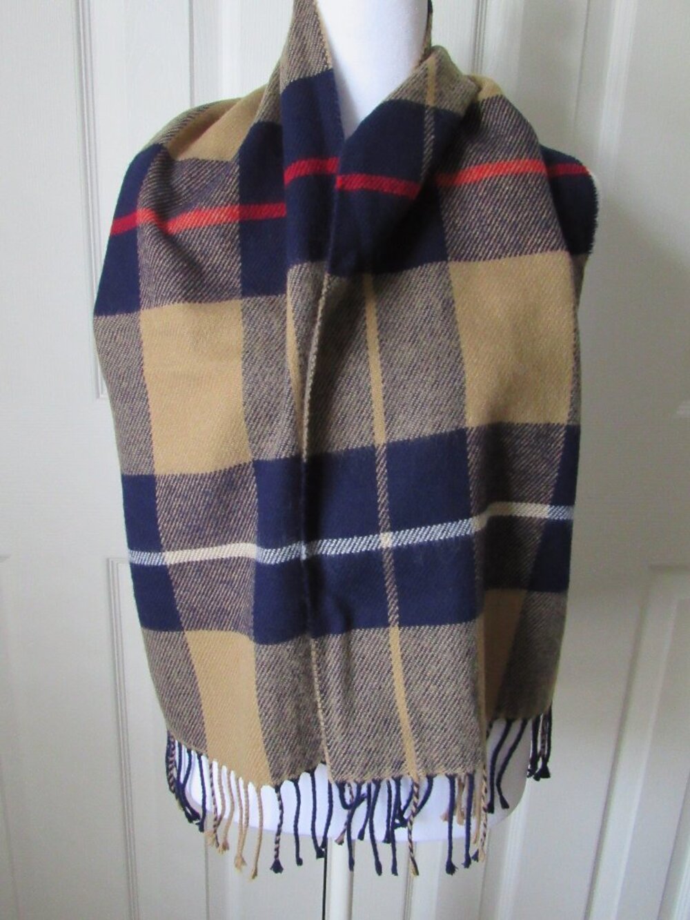 GIVENCHY Plaid Tartan Navy & Camel Block Pattern SCARF WRAP Winter Fringe Classy